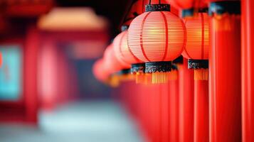Vibrant red lanterns illuminate a traditional Asian corridor, adding warmth and culture to the serene atmosphere. photo
