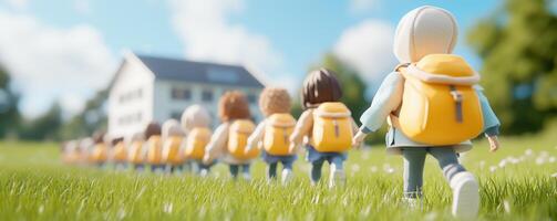 Children walking towards a house, carrying backpacks, enjoying a sunny day in a green field. photo