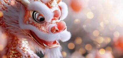 A vibrant and intricate dragon dance representation, showcasing traditional artistry with bokeh background. photo