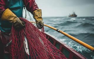 Fisherman hauling a fishing net filled with fish on a commercial fishing boat, wearing waterproof gear and rubber gloves, ocean backdrop, overcast sky. photo