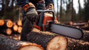 Logger sharpening a chainsaw in a logging camp, surrounded by tree logs, wearing safety gloves, forest backdrop, clear day, copy space. photo