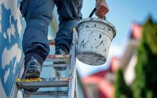Painter climbing a ladder to paint an exterior wall, holding a paint bucket, wearing overalls, outdoor setting, sunny day, copy space. photo