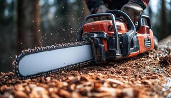 Logger operating a chainsaw to cut a tree trunk. chainsaw and wood chips. photo