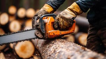 Logger sharpening a chainsaw in a logging camp, surrounded by tree logs, wearing safety gloves, forest backdrop, clear day, copy space. photo