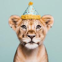 A playful lion cub wearing a festive party hat against a pastel background, embodying joy and celebration. photo