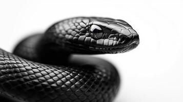 Close-up of a black snake on a white isolated background, showcasing its scales and striking features. photo