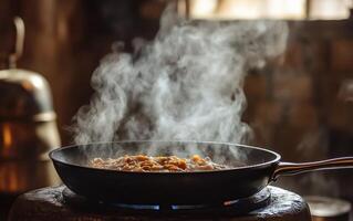 A sizzling skillet with smoky steam rising, showcasing delicious food cooking in a rustic kitchen setting. photo