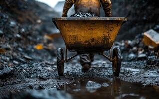 Miner transporting ore in a wheelbarrow. photo