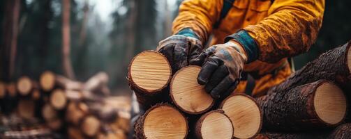 Logger stacking logs on a truck in a forest, wearing safety gear and gloves, surrounded by cut trees, sunny day, copy space. photo