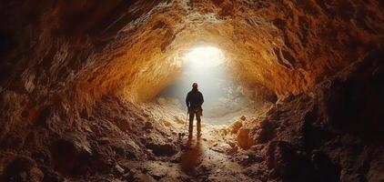 Miner drilling into a rock wall underground. drill and rock wall. photo