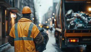 Waste collector tossing trash bags into a garbage truck. photo