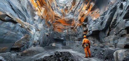 Miner drilling into a rock wall underground. photo