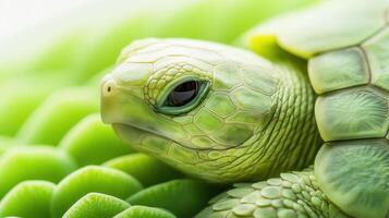 Close-up of a green turtle resting on vibrant green leaves, showcasing its unique texture and gentle expression. photo