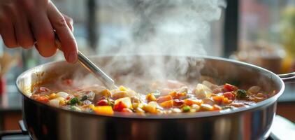 A hand stirring a pot of steaming, colorful vegetable stew with a shiny metal spoon. photo