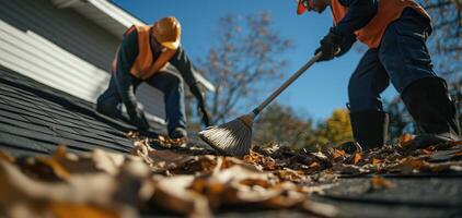Workers cleaning leaves from a roof on a sunny day, showcasing teamwork and seasonal home maintenance. photo