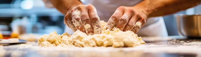 Hands kneading dough on a floured surface, showcasing the process of making fresh pasta. photo