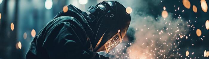 A skilled welder working meticulously amidst sparks and smoke, showcasing dedication and craftsmanship in a dynamic environment. photo