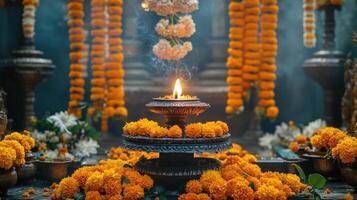 A beautifully arranged altar adorned with vibrant marigold flowers and a glowing flame, symbolizing devotion and celebration in a spiritual setting. photo