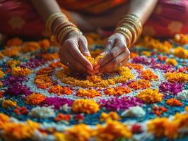 A close-up of hands arranging vibrant marigold and flower petals into a beautiful traditional pattern, showcasing intricate details and bright colors. photo