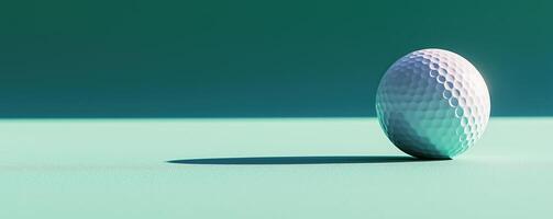 A close-up view of a white golf ball resting on a smooth surface with a soft shadow, emphasizing its dimpled texture against a teal background. photo