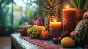 A vibrant display of various fruits alongside decorative candles, set in a natural ambiance with greenery in the background, creating a warm and inviting atmosphere. photo