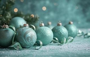 Beautiful turquoise Christmas ornaments with elegant patterns, arranged on a snowy surface against a softly blurred festive background with glowing lights. photo