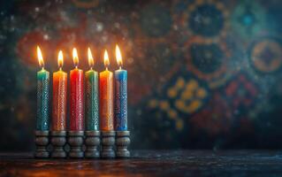 A beautiful arrangement of colorful candles with flickering flames, set against a softly blurred decorative background, evoking warmth and festive cheer. photo