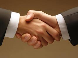 Close-up of a firm handshake between two people in business attire, symbolizing agreement and collaboration against a neutral background. photo