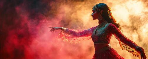 A graceful dancer performing in vibrant attire amidst colorful smoke, showcasing the beauty and artistry of traditional dance. photo