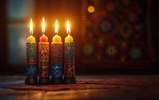 A serene display of four beautifully decorated candles glowing warmly, casting soft light in a tranquil setting, ideal for creating a peaceful ambiance. photo