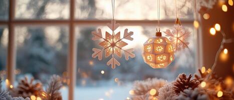 Charming winter scene with hanging ornaments, snowflakes, and warm lights, creating a cozy atmosphere near a window with snow-covered landscape. photo