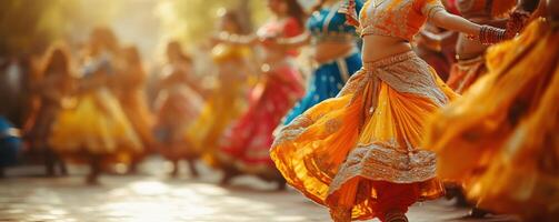 Colorful dancers in vibrant attire showcase traditional movements during a cultural festival, highlighting the joy and energy of dance in a lively outdoor setting. photo