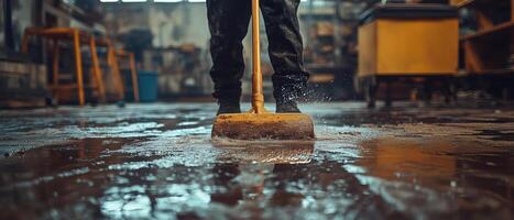 A worker using a broom to clean up water on a floor in a garage or workshop, showcasing dedication to maintaining a safe and tidy work environment. photo