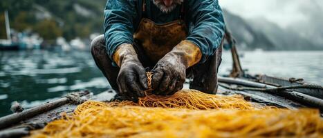 A fisherman carefully sorting fresh catch on a boat over tranquil waters, showcasing the artistry and tradition of fishing in a serene coastal environment. photo