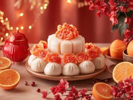 A table filled with CNY foods like dumplings, sticky rice cake, and oranges, set against a background of red and gold decorations. photo