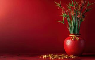 Lucky bamboo plant in a red pot, with gold coins tied to the stems, symbolizing good fortune and growth during the Chinese New Year celebrations. photo
