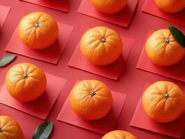 Mandarin oranges arranged in a decorative pattern, symbolizing wealth and fortune, with a backdrop of red envelopes and lucky charms. photo