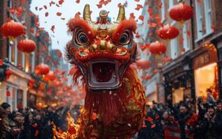 Dragon Dance performance on a busy street during Chinese New Year celebrations, with crowds watching in excitement photo