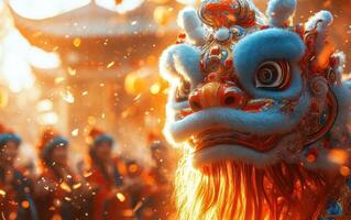 A bright, festive scene featuring a CNY parade with participants in colorful dragon and lion costumes, confetti in the air, and traditional music in the background. photo