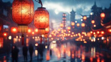 Brightly lit red lanterns hanging in rows along a busy street during the Chinese New Year festival, adding a festive glow to the cityscape at dusk. photo