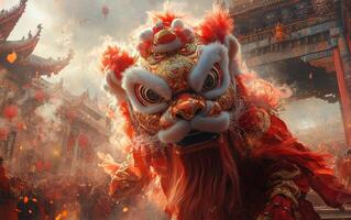 Energetic Lion Dance in front of a decorated temple, with the performers holding a vibrant red-and-gold lion costume photo