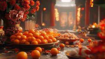 Offerings table filled with oranges, lotus seeds, incense, and traditional dishes like Jiaozi and Nian Gao, set up in a decorated room with red and gold ornaments for New Year cele photo