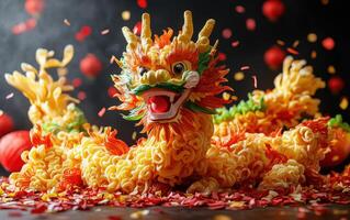 Dragon Dance performance on a busy street during Chinese New Year celebrations, with crowds watching in excitement photo