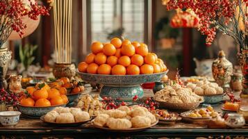 Offerings table filled with oranges, lotus seeds, incense, and traditional dishes like Jiaozi and Nian Gao, set up in a decorated room with red and gold ornaments for New Year cele photo