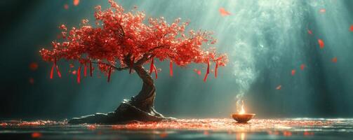 A Wishing Tree with red ribbons tied to branches, representing hopes for a prosperous New Year, with incense burning at its base. photo