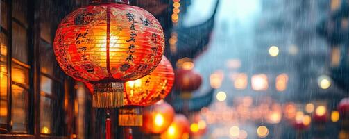 Chinese calligraphy scrolls with auspicious phrases hung on a wall, with red and gold decorations adding a festive touch, celebrating the culture of the Chinese New Year. photo