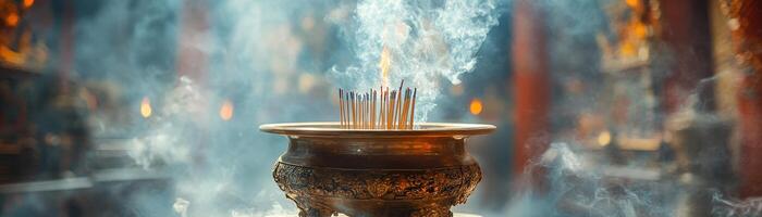 Close-up of incense sticks burning in a bronze holder, with smoke gently rising against a blurred background of a temple interior during Chinese New Year prayers. photo