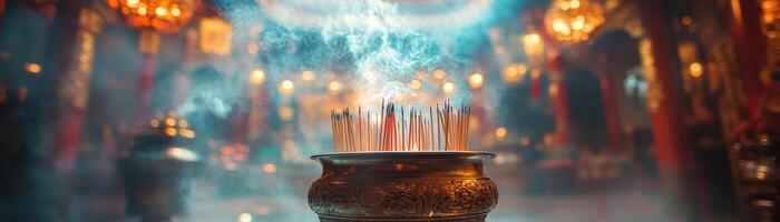 Close-up of incense sticks burning in a bronze holder, with smoke gently rising against a blurred background of a temple interior during Chinese New Year prayers. photo