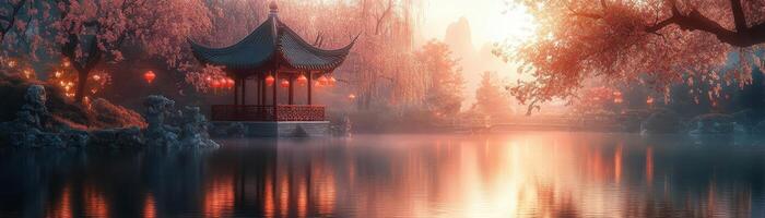 A Chinese garden with peach blossoms in full bloom, red lanterns hung on branches, and a quiet pond reflecting the peaceful scene. photo