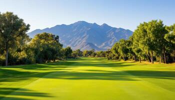 A scenic view of a lush green golf course with a backdrop of majestic mountains under a clear blue sky, showcasing the beauty of nature and outdoor leisure activities. photo